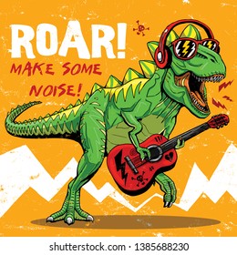 cool dinosaur playing guitar drawing illustration t shirt print graphic design