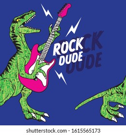 Cool dinosaur playing guitar drawing illustration t shirt print graphic design