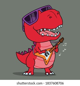 Cool dinosaur playing guitar. Hand drawn.