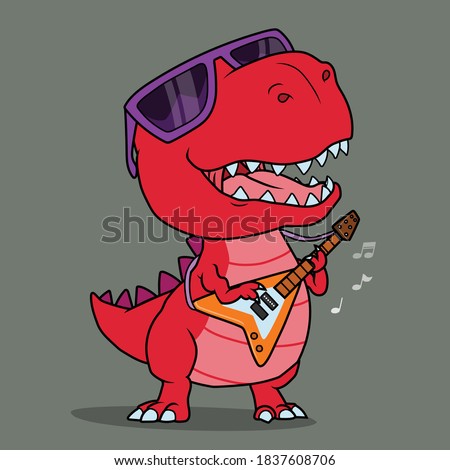Cool dinosaur playing guitar. Hand drawn.