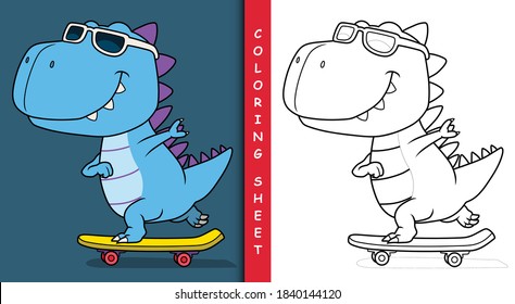 Cool dinosaur playing skateboard. Coloring sheet