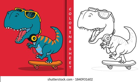 Cool dinosaur playing skateboard. Coloring sheet.