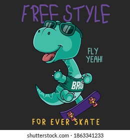 Cool dinosaur playing skateboard. t-shirt design.