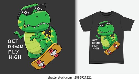 Cool Dinosaurier, der Skateboard spielt. mit T-Shirt-Design.