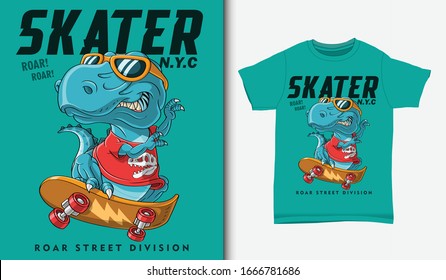 Cool dinosaur playing skateboarding illustration with t-shirt design, Hand drawn