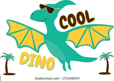 Cool dinosaur print. Vector template for design T-shirts. Fashion graphic for apparel. Character image dino for children's magazines and preschool institutions. Dinosaur in fashionable sunglasses. 