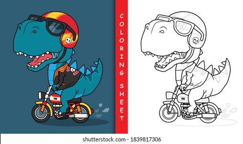 Cool dinosaur riding a motorcycle. Coloring sheet.