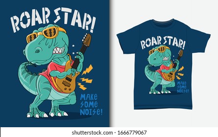 Cool dinosaur rock star illustration with t-shirt design, Hand drawn