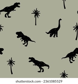 Cool dinosaur seamless pattern.Dinosaur and palm tree drawing.Fun t-shirt design for kids. Fashion fabrics, textile graphics, vector print.