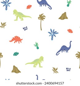 Cool dinosaur seamless pattern.Dinosaur and palm tree drawing.Fun t-shirt design for kids. Fashion fabrics, textile graphics, vector print.