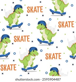 Cool dinosaur skate hand drawn pattern designs for print on fabric and other uses