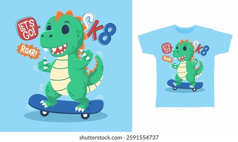 Cool dinosaur with skateboard hand drawn, ready for print on t shirt and other uses.