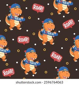Cool dinosaur with skateboard hand drawn pattern designs for print on fabric and other uses.