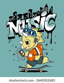 Cool dinosaur skateboarding with headphones, graffiti music text, vector on teal background.
