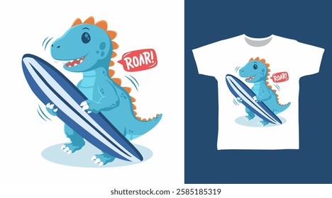 Cool dinosaur with surfboard hand drawn, vector ready for print on t shirt and other uses.