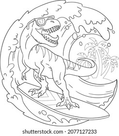 Cool dinosaur surfer rides a sea wave. Vector outline for coloring book