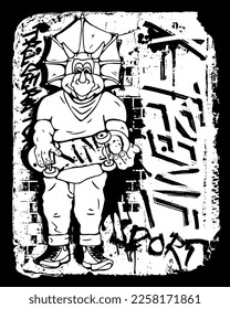 Cool dinosaur. Triceratops rides a skateboard. Vector illustration. grunge. Black and white illustration
