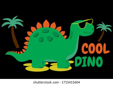 Cool dinosaur. Vector template for design T-shirts. Fashion graphic for apparel. Character image dino for children's magazines and preschool institutions. Dinosaur in fashionable sunglasses. 