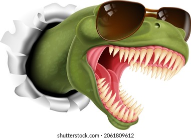 A cool dinosaur wearing shades or sunglasses ripping through the background