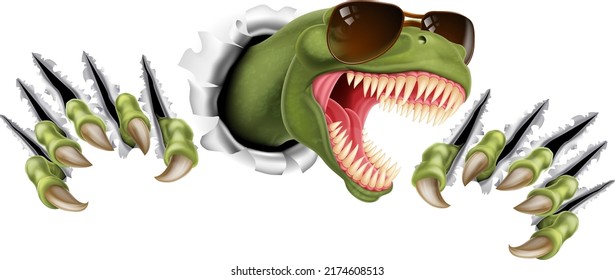 A cool dinosaur wearing shades or sunglasses ripping through the background