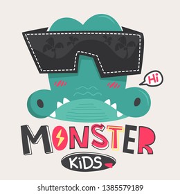 Cool dinosaur wearing sunglasses on the beach on isolated background illustration vector, T-shirt design for kids.