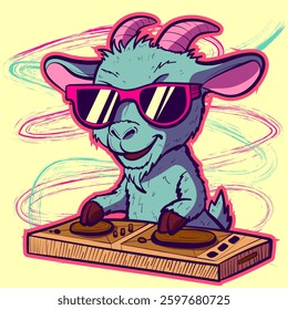Cool DJ goat partying and mixing the disk. Farm animal working at a club as an audio engineer. 