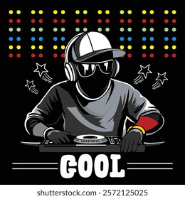 Cool DJ mixing tracks with headphones under colorful lights. Music and nightlife concept,vector illustration
