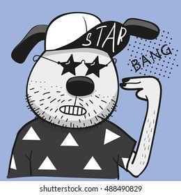 Cool dog in a cap is shooting from his fingers to the head