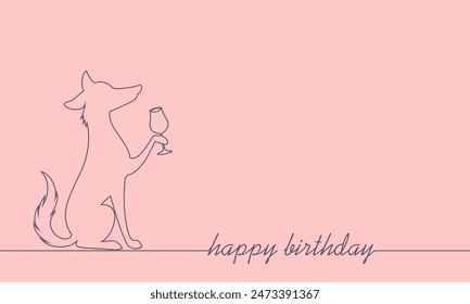 Perro fresco animando un brindis con bebida de cóctel. Tarjeta de felicitación de cumpleaños feliz del estilo de la línea delgada. Fiesta o evento festivo. Fondo monocromo.