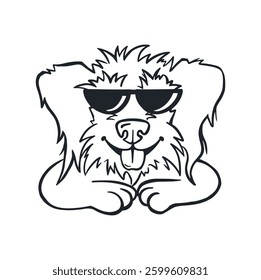 Cool dog with glasses sticking out his tongue, line coloring page vector