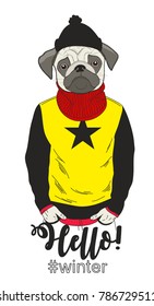 Cool dog in human clothes. Vector print of fantastic animal.