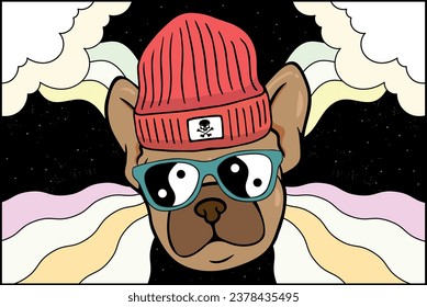 Cool Dog Illustration Vector. Pug in the space Illustration. T-shirt, poster, sticker for all. Cool pug design. Peace and love dog