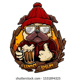 cool dog mascot with a glass of beer and wooden vintage frame vector illustration