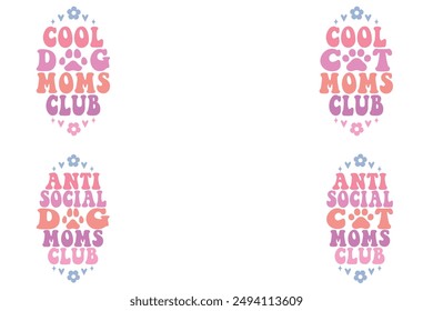 Cool dog moms club, cool cat moms club, anti-social dog moms club, anti-social cat moms club retro dog and cat keychain designs