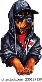 Cool Dog Rottweiler in Streetwear Outfit with Zipped Hoodie and Sunglasses