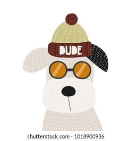 Cool dog with slogan dude. Vector hand drawn illustration.