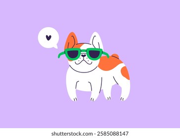 Cool dog in sunglasses. Cartoon french bulldog with glasses. Cute pet with heart.