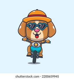 Cool dog with sunglasses riding a motorcycle in summer day.