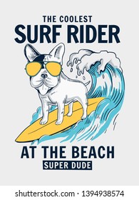 Ilustración de surfing de Cool Dog con texto. Ilustraciones vectoriales para impresiones en pantalones t y otros usos.