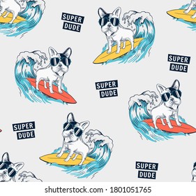 Cool dog surfing vector illustration with text. Seamless pattern for t-shirt prints and other uses.