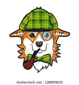 Cool dog welsh corgi face with green checkered hat and smoking pipe like Sherlock Holmes. Color vector illustration