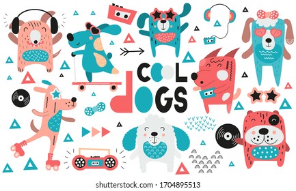 Cool dogs collection. Hand drawn. Doodle cartoon disco dogs for nursery posters, cards, kids t-shirts. Vector illustration.