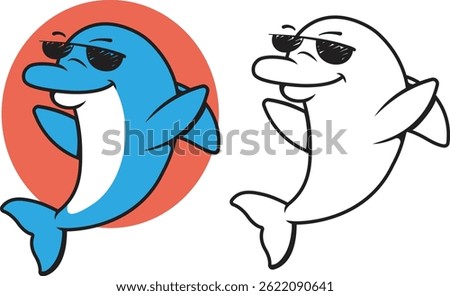 Cool Dolphin Cartoon Vector – Smiling Blue Dolphin Wearing Sunglasses with Outline Version
