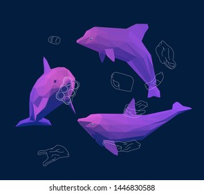Cool Dolphin. Set of Gradient Dolphins and Ocean Pollution on Dark Background. Low Poly Vector 3D Rendering