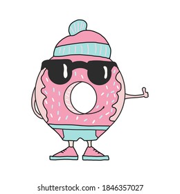 cool Donat in sunglasses. vector illustration.for stickers, postcards, t-shirt design, or tableware. A cartoon-style hand-drawn character.