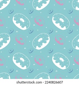 Cool Donuts pattern on blue background, hand drawn doodle style, 90s retro  vibe