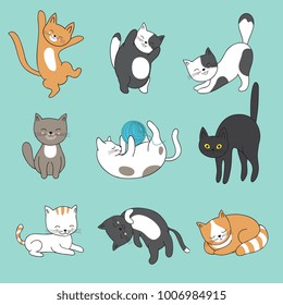 Cool doodle abstract cats vector characters. Hand drawn cartoon kittens. Animal funny character, feline mascot fluffy illustration