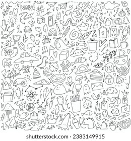 Cool doodle background with different elements. childish hand drawn wallpaper, Print and make a greeting card or wrapping paper for your needs