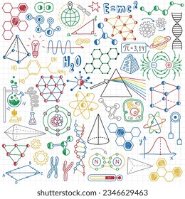 ícono de doodle genial ajustado a la educación escolar ciencia geometría química matemática elementos dibujados a mano creativos