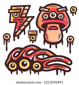 cool doodle monster sticker set. cartoon vector illustration. white background